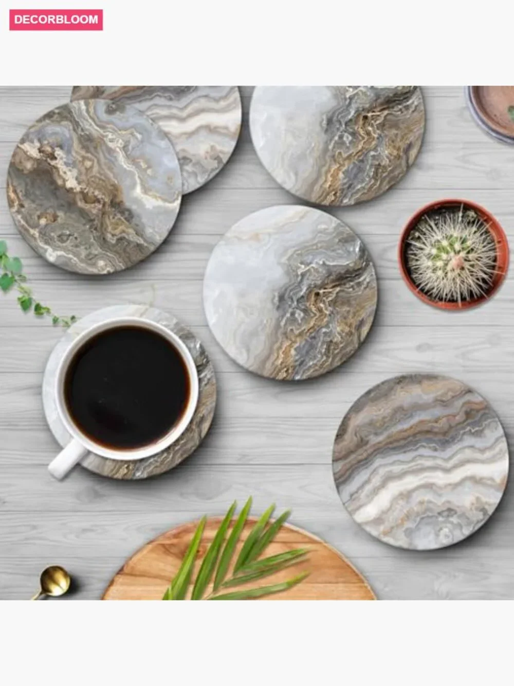 Coaster Set of 6 - Absorbent Stone with Cork Base and Metal Holder, Home Bar